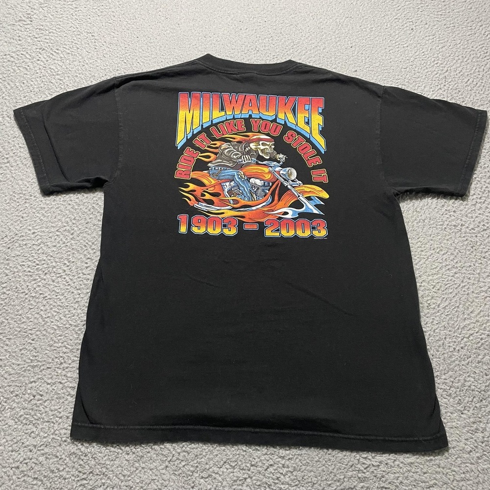 Vintage Milwaukee Shirt Mens Large Black Skeleton Motorcycle 1903-2003 Biker